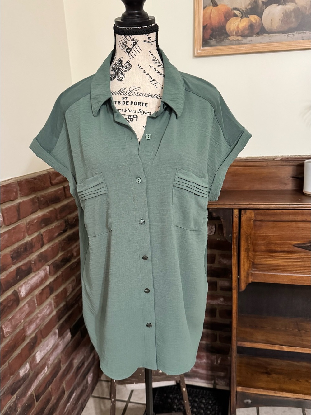 Fortune + Ivy Stitch Fix Two Pocket Button Front Blouse Sage Green XL